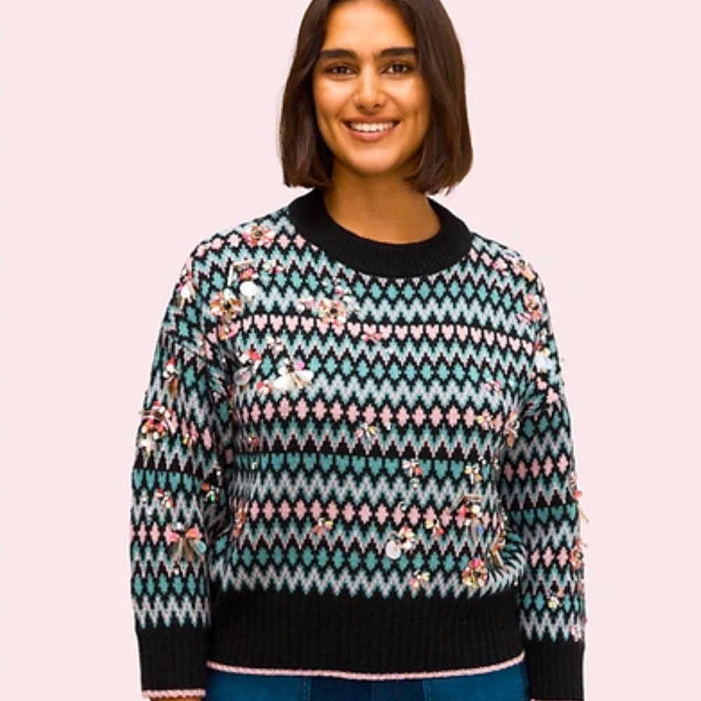Kate Spade Embellished Sequin Fair Isle Cropped Winter Holiday Sweater $448 M